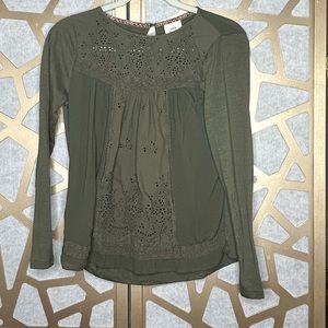 Knox Rose Boho Olive Green Long Sleeve Smocked Shirt‎ Top Embroidered